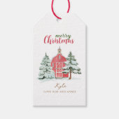 Rode Schuur Winter Bos Landschap Vintage Prettig K Cadeaulabel (Voorkant)