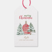 Rode Schuur Winter Bos Landschap Vintage Prettig K Cadeaulabel (Achterkant)