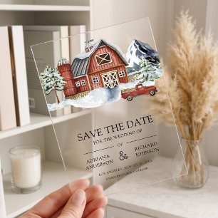 Rode Schuur Winter Kerst Huwelijk Save the Date Acryl Uitnodigingen