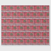 Rode schuurdeur met kerstkrans in sneeuwvlokken cadeaupapier (Vlak)