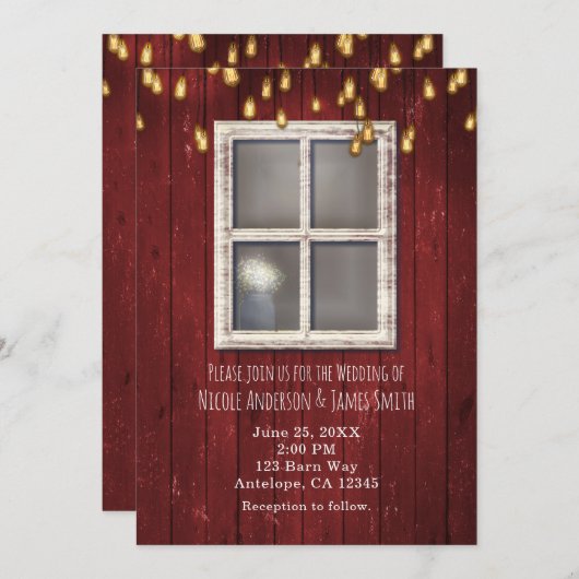 Rode Schuurraam & Lichtjes Rustieke Uitnodigingen (Voorkant / Achterkant)