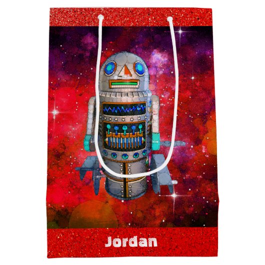 Rode Sci Fi retro speelgoed robot galaxy aangepast Medium Cadeauzakje (Achterkant)