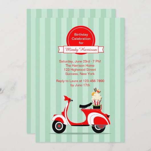 Rode scooter-uitnodiging kaart (Voorkant / Achterkant)