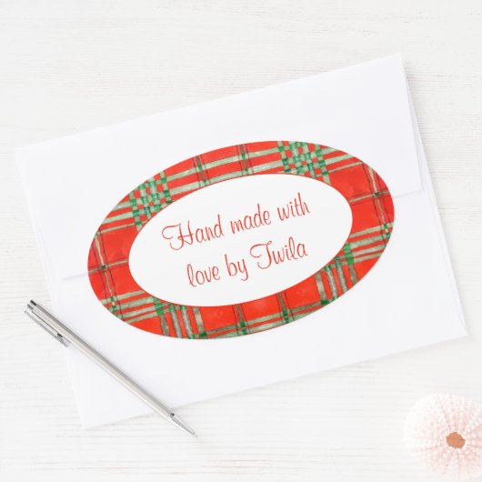 RODE SCOTT TARTAN Ovale "Handgemaakte" Stickers (Envelop)