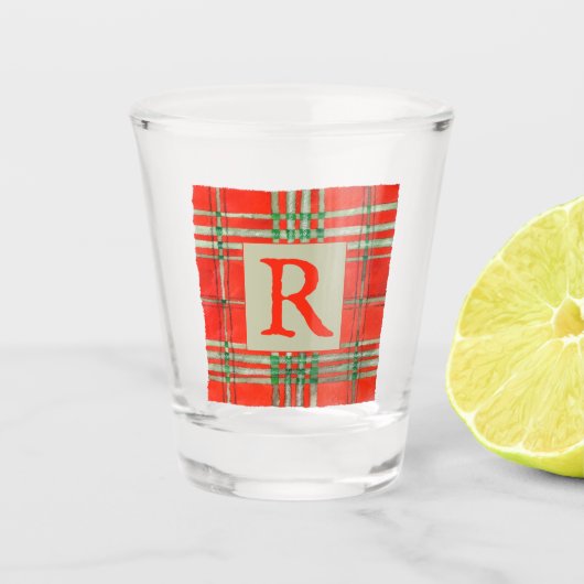 RODE SCOTT TARTAN Shotglas + Initiaal Shot Glas (Voorkant)