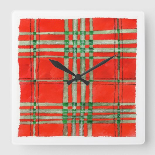 RODE SCOTT TARTAN Vierkante Acryl Wandklok (Voorkant)