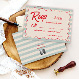Rode Script Blauwe Aquarel QR Code Retro Bruiloft RSVP Kaartje