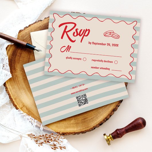 Rode Script Blauwe Aquarel QR Code Retro Bruiloft RSVP Kaartje
