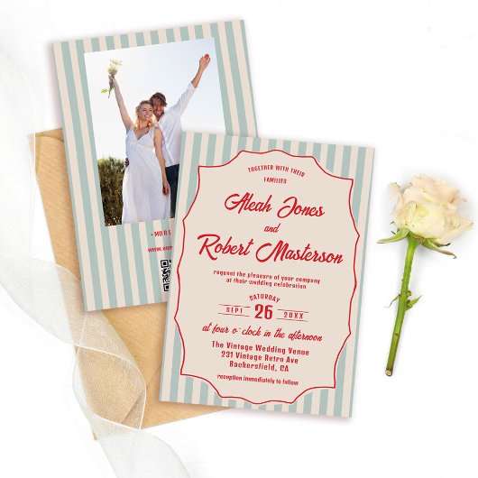 Rode Script Blauwe Streep Retro QR Code Foto Bruil Kaart