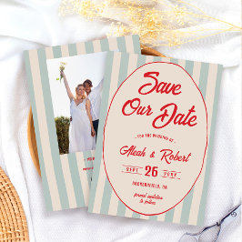 Rode Script Blauwe Streep Vintage Retro Bewaar de  Kaart