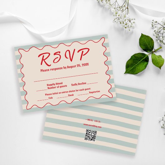 Rode Script Blauwe Strepen QR Code Retro Bruiloft RSVP Kaartje