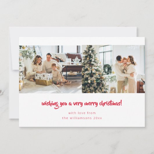 Rode Script minimalistische kerst 2 foto horizonta Feestdagenkaart (Voorkant)