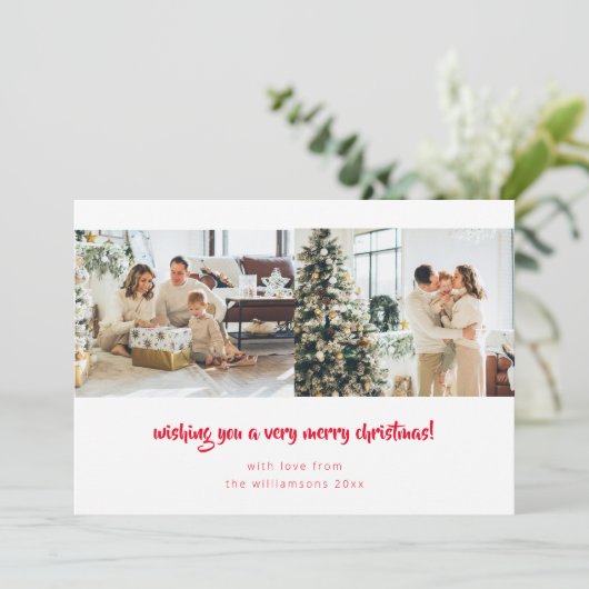 Rode Script minimalistische kerst 2 foto horizonta Feestdagenkaart (Staand voorkant)