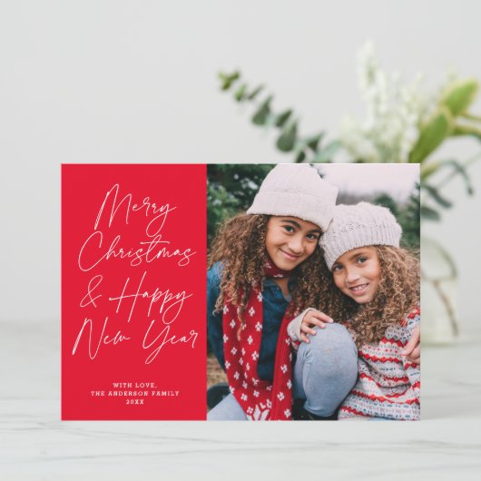 Rode Script Vrolijk Kerstfeest & Gelukkig Nieuwjaa Feestdagenkaart (Staand voorkant)