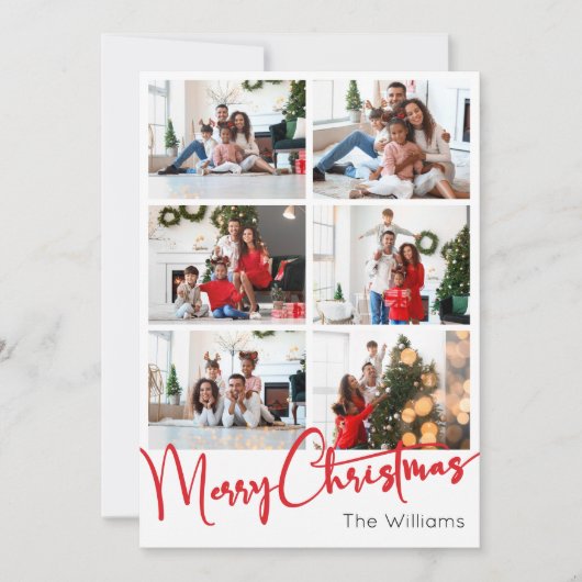 Rode Script Vrolijk Kerstmis Verticale Negen Foto Feestdagenkaart (Voorkant)