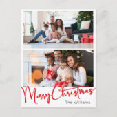 Rode Script Vrolijk Kerstmis Verticale Twee Foto Feestdagenkaart (Voorkant)