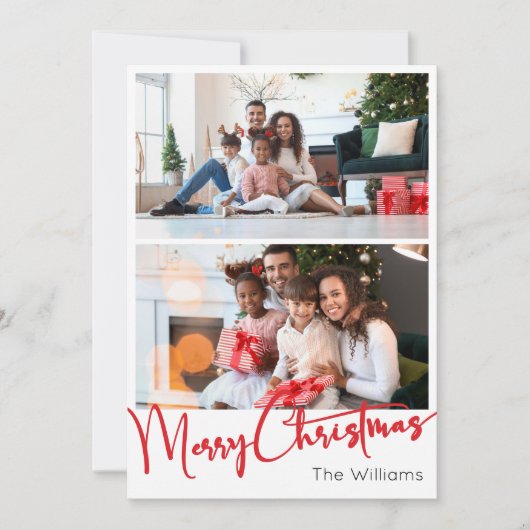 Rode Script Vrolijk Kerstmis Verticale Twee Foto Feestdagenkaart (Voorkant)
