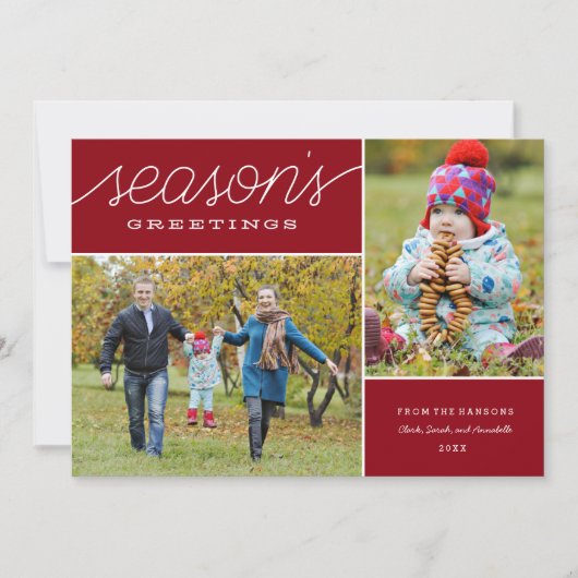 Rode "Season's Greetings" Twee Foto Vakantie Kaart (Voorkant)
