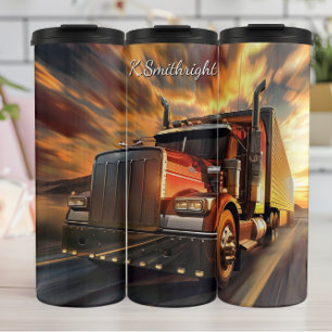 Rode Semi Truck Blazing Sunset Thermosbeker