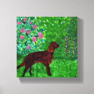 Rode Setter in een tuin Gemengde Media Hond Schild Canvas Afdruk