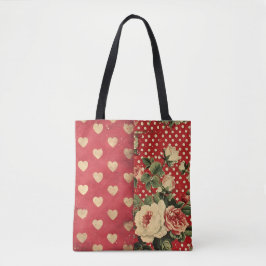 Rode Shabby Chic Stippen Harten Florals Mix Tote Bag