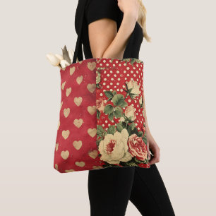 Rode Shabby Chic Stippen Harten Florals Mix Tote Bag