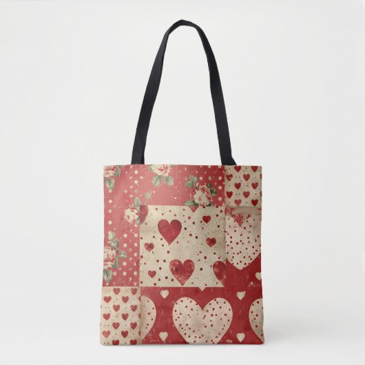 Rode  Shabby Chic Stippen Harten Florals Mix Tote Bag (Voorkant)