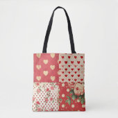 Rode Shabby Chic Stippen Harten Florals Mix Tote Bag (Voorkant)