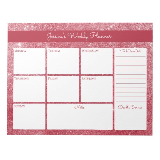 Rode Shimmer Aangepaste weekplanning en lijst uitv Notitieblok (Voorkant)