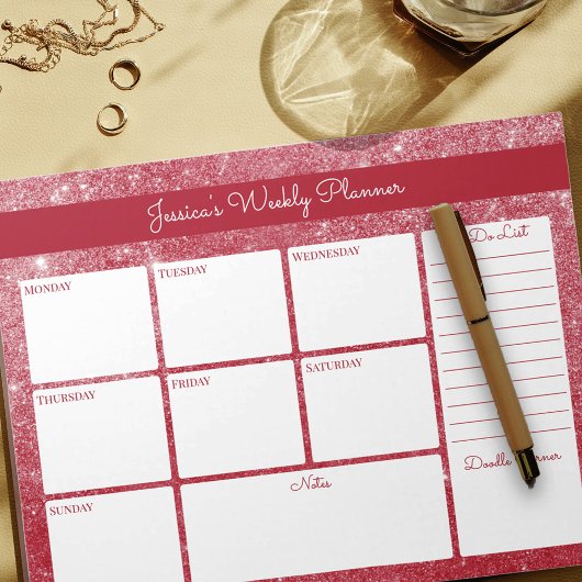 Rode Shimmer Aangepaste weekplanning en lijst uitv Notitieblok