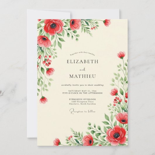 Rode sierlijke wilde bloemen bruiloft kaart (Voorkant)