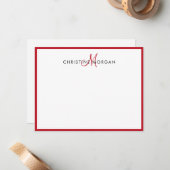 Rode simpele minieme monogram notitiekaartje (Voorkant / Achterkant in situ)