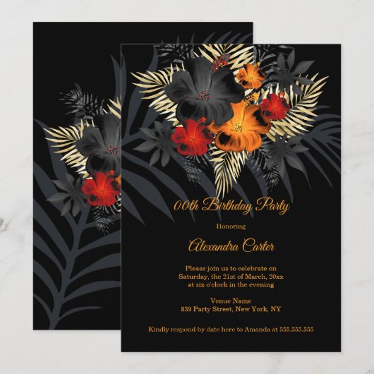 Rode Sinaasappel Black Hibiscus Flowers Birthday Kaart (Voorkant / Achterkant)