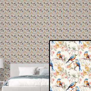 Rode Sinaasappel Blauwe Vogels op Herfsttonen Behang