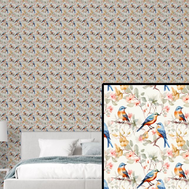 Rode Sinaasappel Blauwe Vogels op Herfsttonen Behang (Creator heeft geüpload)