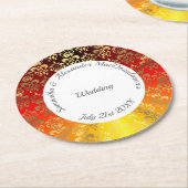 Rode sinaasappel en gouden damast bruiloft ronde kartonnen onderzetter (Gebogen)