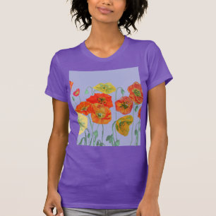 Rode Sinaasappel papaverbloem Waterverf Paars Bloe T-shirt