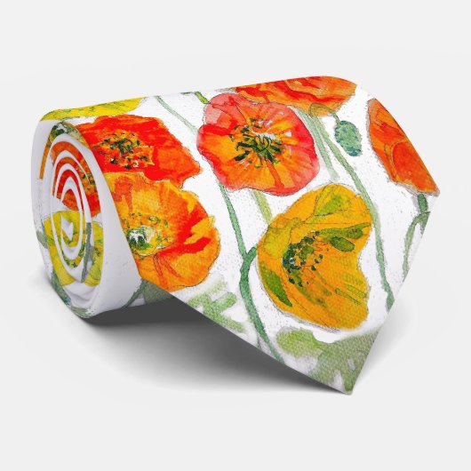 Rode Sinaasappel Poppy floral Waterverf Flower Man Stropdas (Opgerold)
