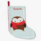 Rode sjaal vakantie uil gepersonaliseerd kleine kerstsok (Voorkant)