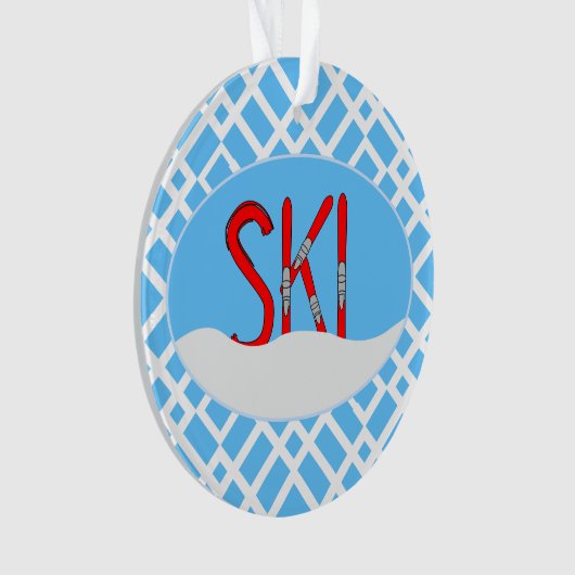 Rode ski's en sneeuw in een ovaal ornament (voorkant)