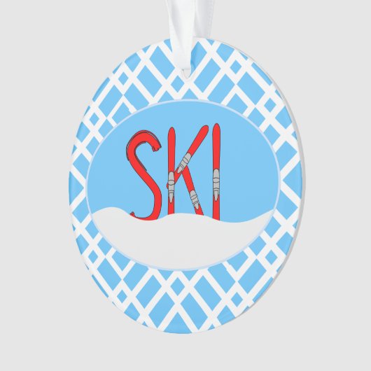 Rode ski's en sneeuw in een ovaal ornament (voorkant)