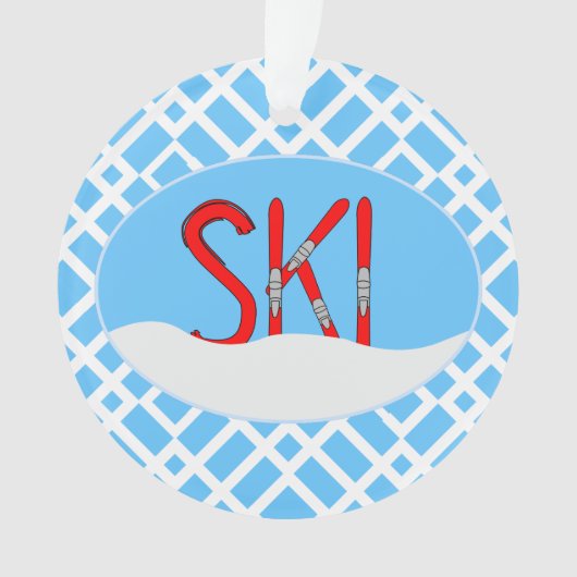 Rode ski's en sneeuw in een ovaal ornament (voorkant)