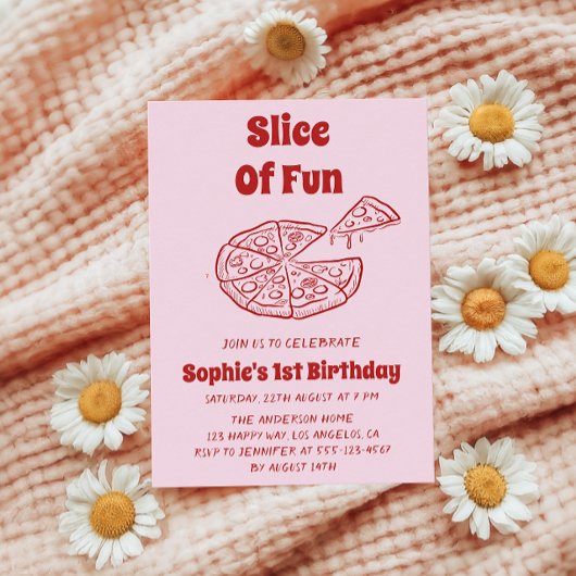 Rode Slice of Fun Pizza Eerste Verjaardagsfeestje Kaart