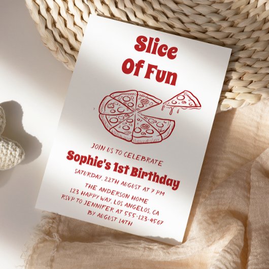 Rode Slice of Fun Pizza Eerste Verjaardagsfeestje  Kaart