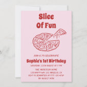 Rode Slice of Fun Pizza Eerste Verjaardagsfeestje Kaart (Voorkant)