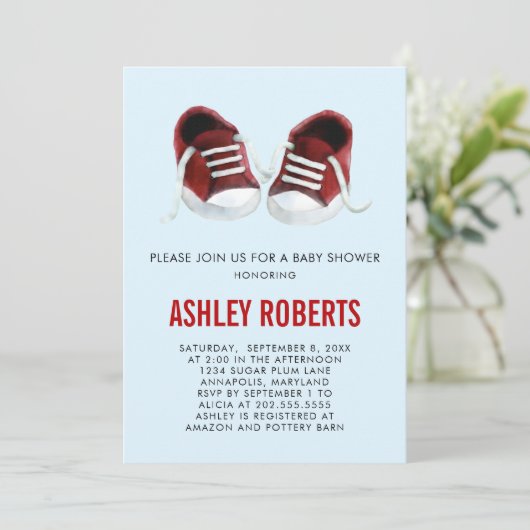Rode Sneakers Baby shower Uitnodiging Genderneutra (Staand voorkant)