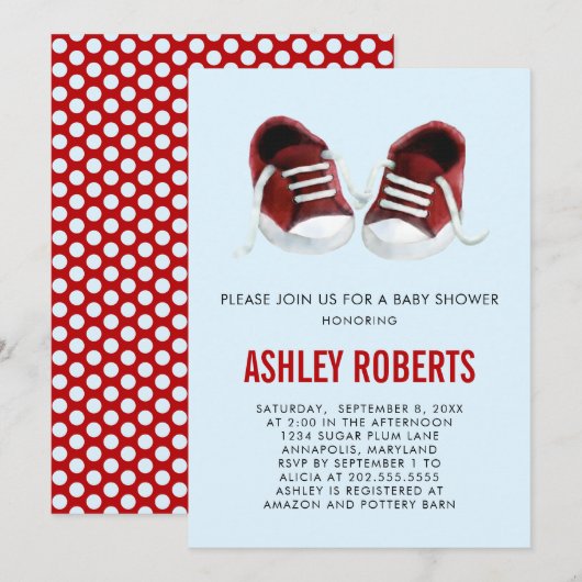 Rode Sneakers Baby shower Uitnodiging Genderneutra (Voorkant / Achterkant)