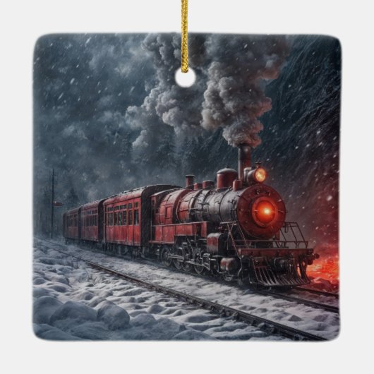 rode sneeuwtrein keramisch ornament (Achterkant)