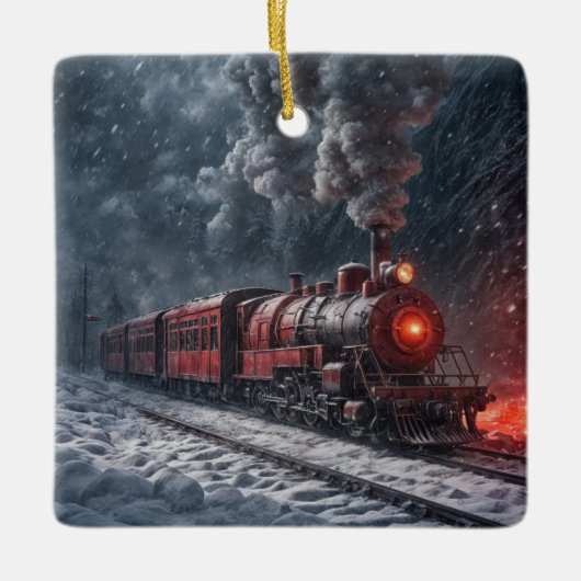 rode sneeuwtrein keramisch ornament (Voorkant)