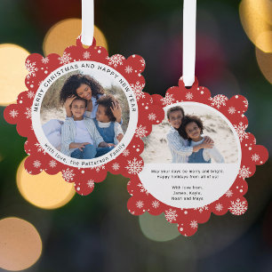 Rode Sneeuwvlok Kerst Familie Foto Aandenken Ornament Kaart
